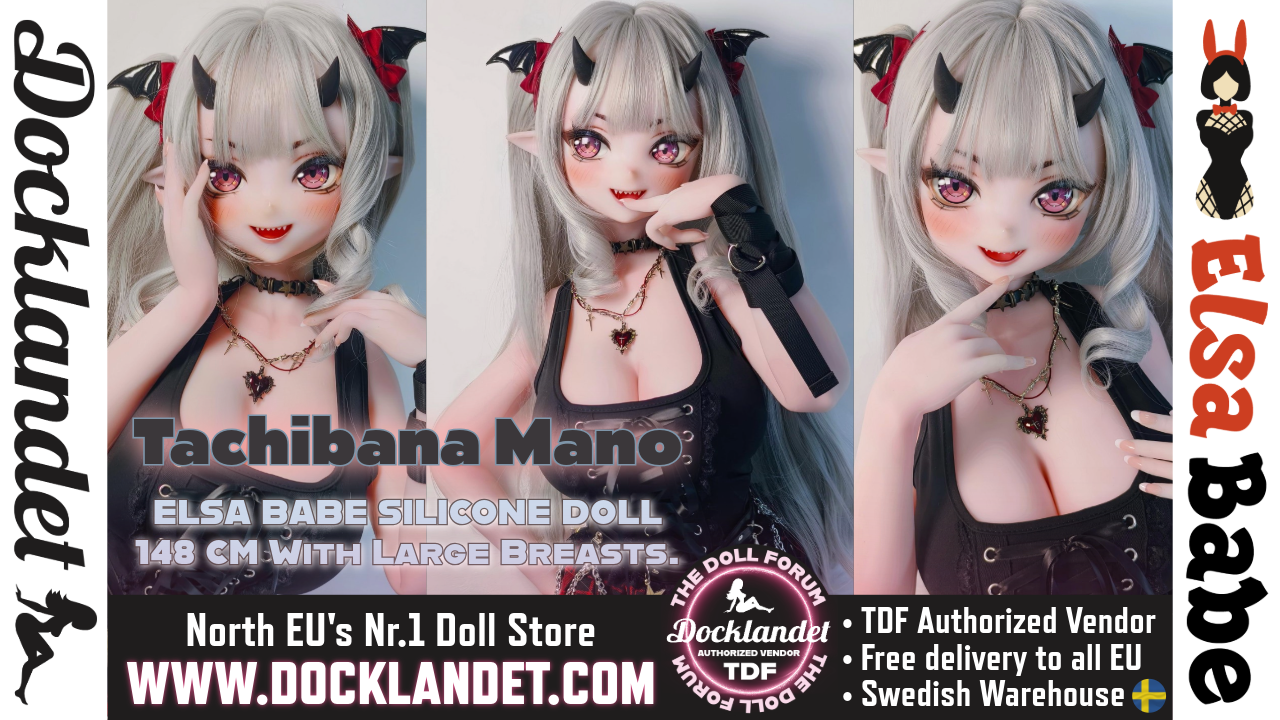 Tachibana Mano 148 cm Elsa Babe anime-silikondocka med ljust hår, rosa ögon, horn och svart fantasy-outfit.