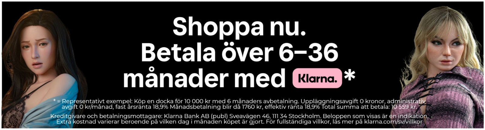 Hos Docklandet kan du köpa en sexdocka och delbetala upp till 36 månader med Klarna. Bilden visar vårt samarbete med Klarna och vilka alternativ till betalning du har när du ska köpa din sexdocka hos Docklandet.